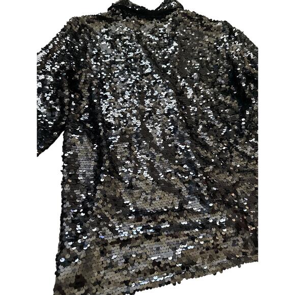 Zara‎ V Neck Collared Flowy Long Sleeve Sequined Top Black Size Medium - Picture 10 of 11